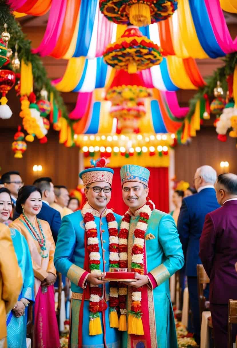 A colorful wedding ceremony set in a vibrant, festive environment with traditional cultural elements and holiday decorations