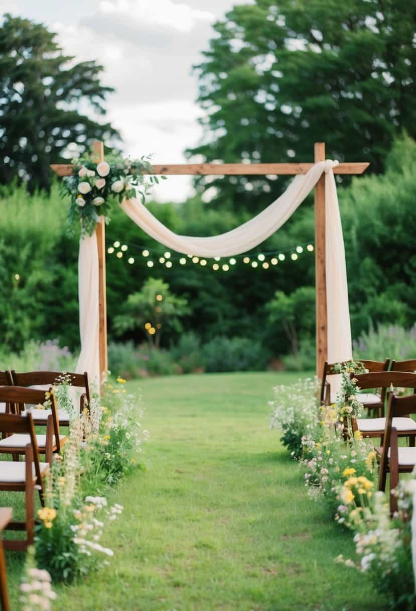 A simple, rustic wedding set in a lush, green garden with wildflowers, fairy lights, and a wooden arch adorned with flowing fabric