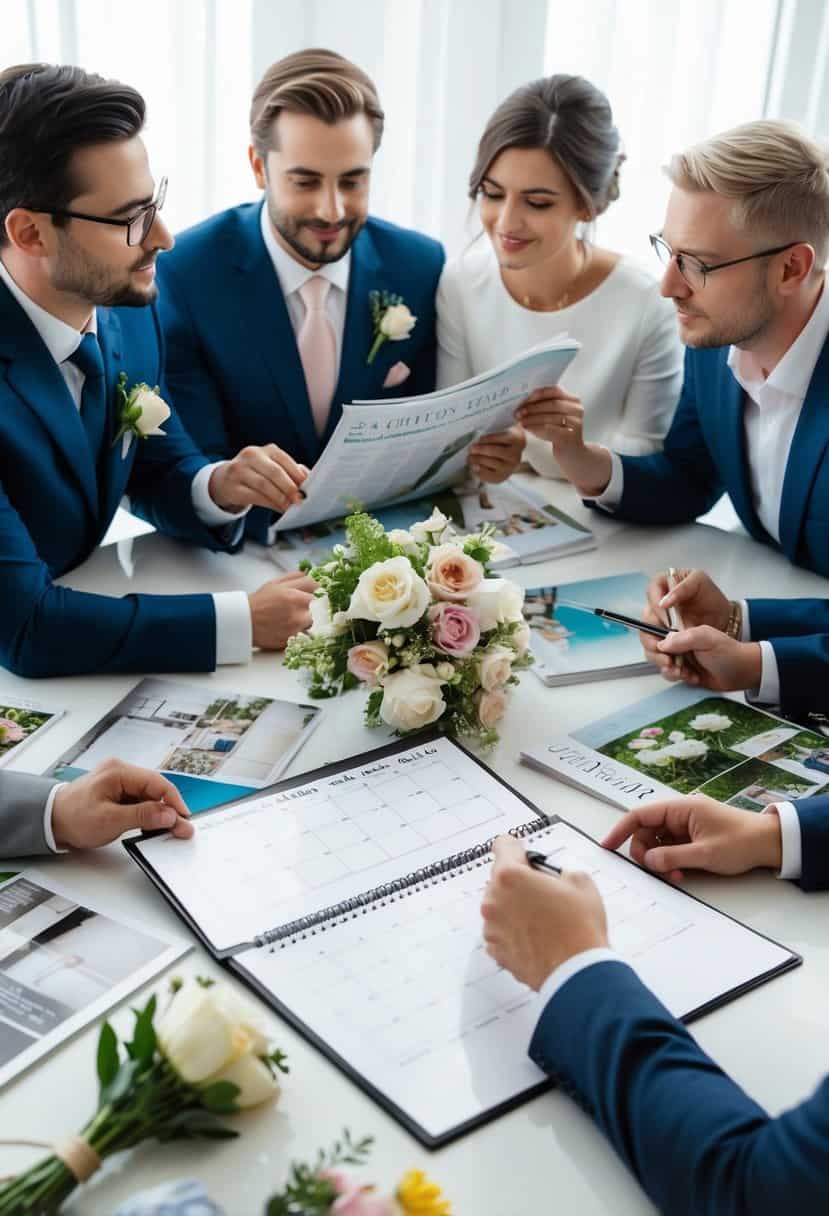 A couple sits at a table with a calendar, surrounded by wedding magazines and flowers. They are consulting with a group of wedding planners and experts, discussing potential dates for their special day