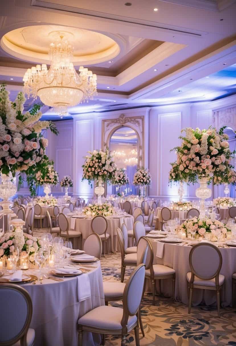 A lavish wedding reception at a luxurious venue, with opulent decorations, extravagant floral arrangements, and a grand banquet