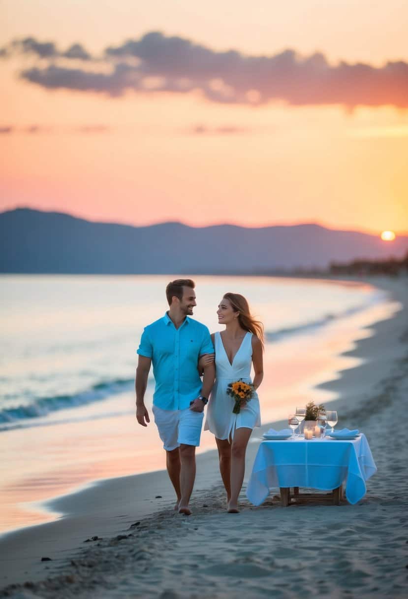 A couple strolling along a serene beach at sunset, with a romantic dinner set up on the sand