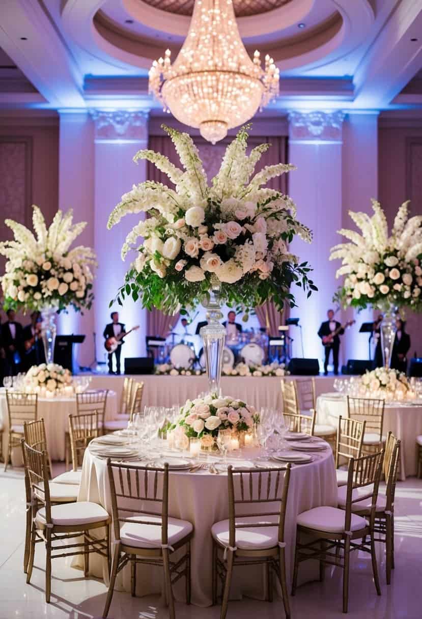 A lavish wedding reception with opulent decor and extravagant floral arrangements, set in a grand ballroom with chandeliers and a live band