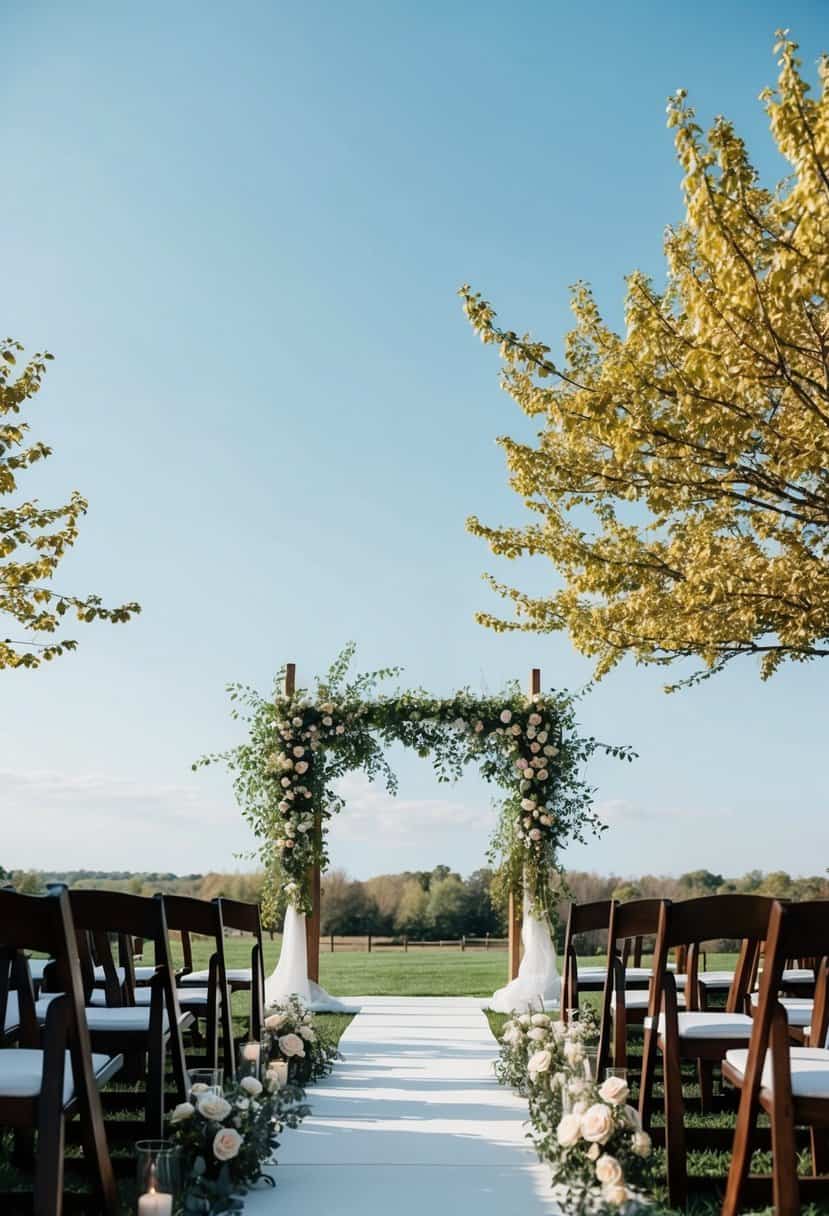 A serene outdoor wedding venue with blooming flowers and a clear blue sky, set up for a budget-friendly ceremony in the spring or fall