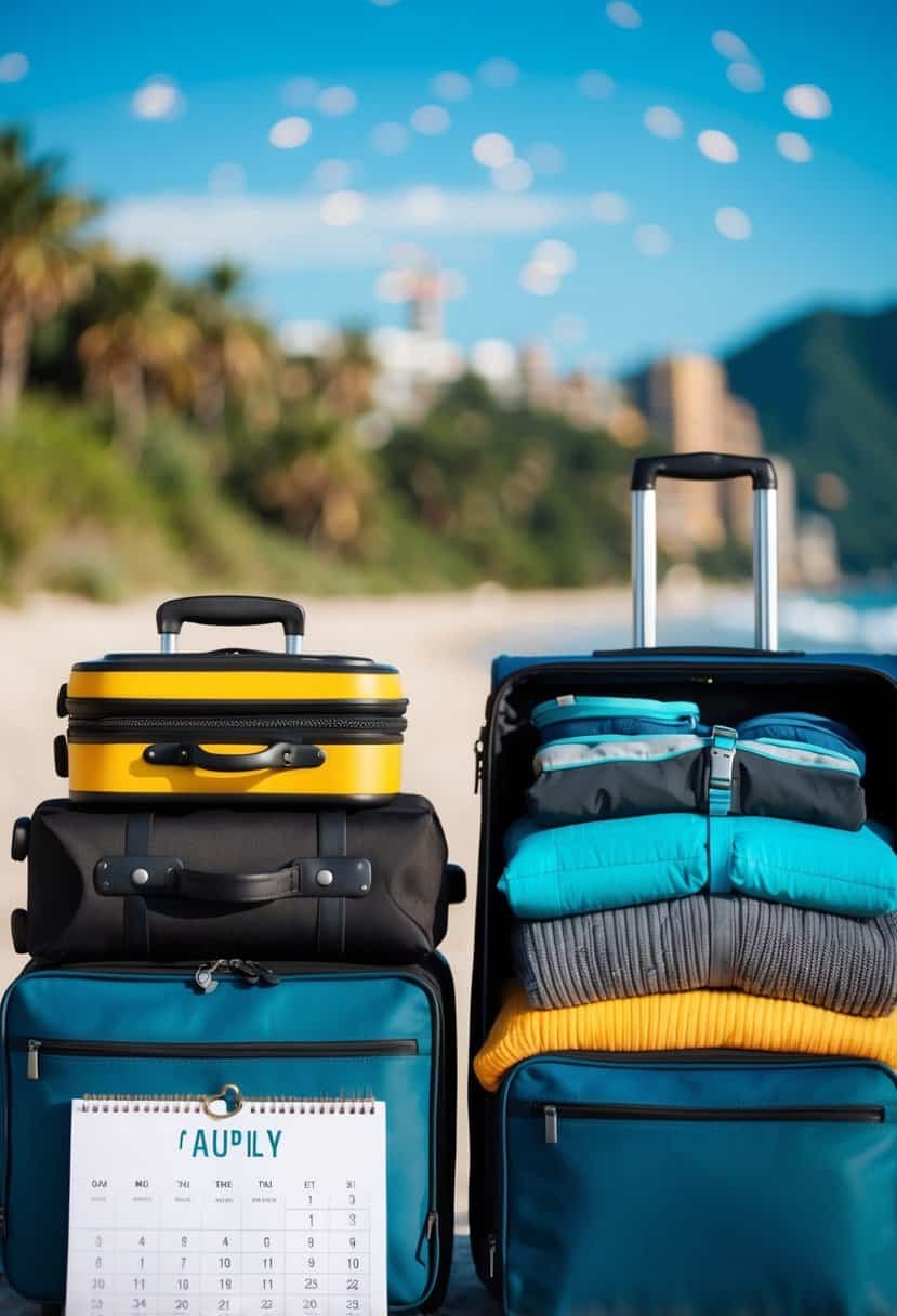 A couple's suitcases packed with beach attire, hiking gear, and city clothes, sitting next to a calendar with dates circled