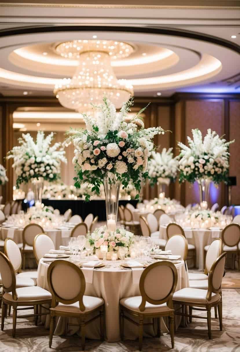 A lavish wedding reception at a luxurious venue with opulent decor and extravagant floral arrangements