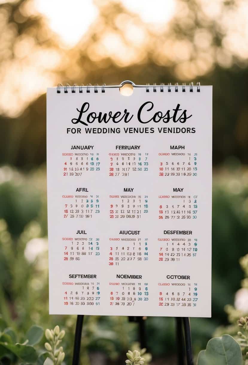 A calendar with highlighted months showing lower costs for wedding venues and vendors