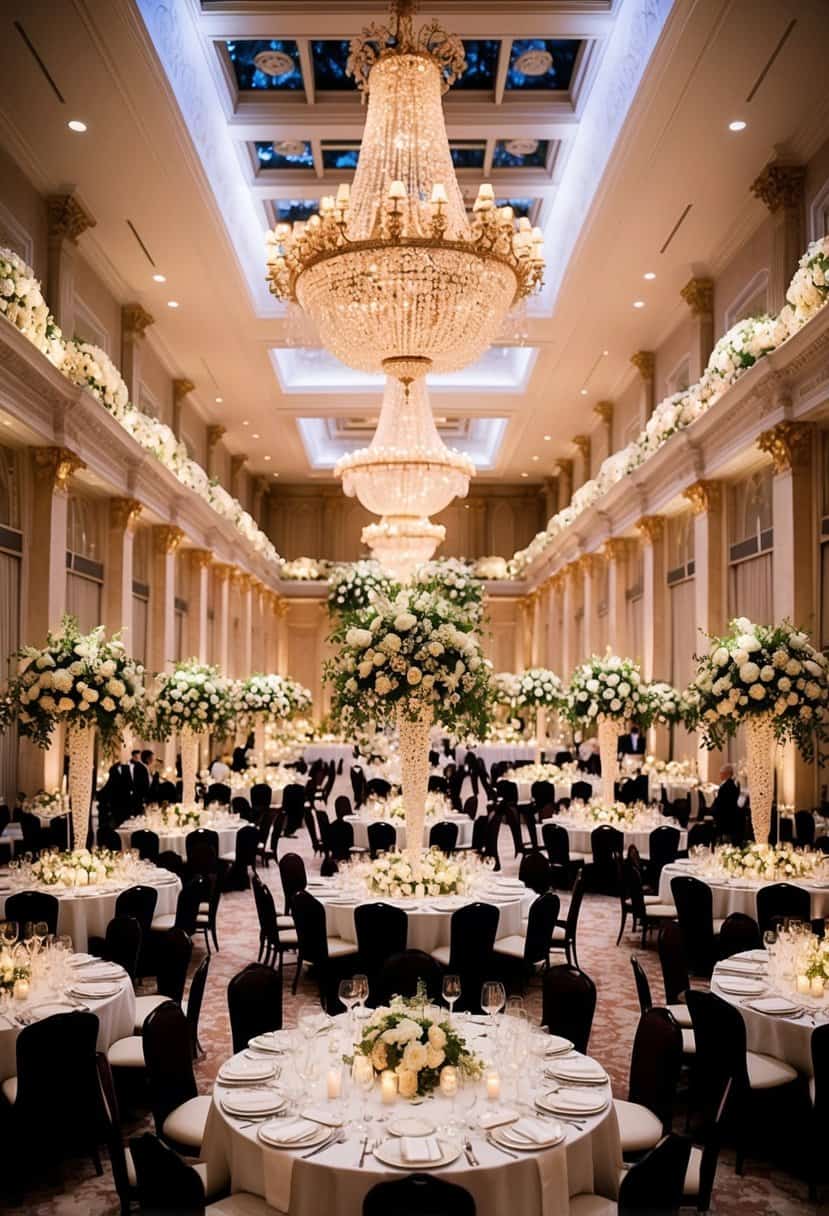 A lavish wedding reception with opulent decorations and a grand banquet hall filled with elegantly dressed guests