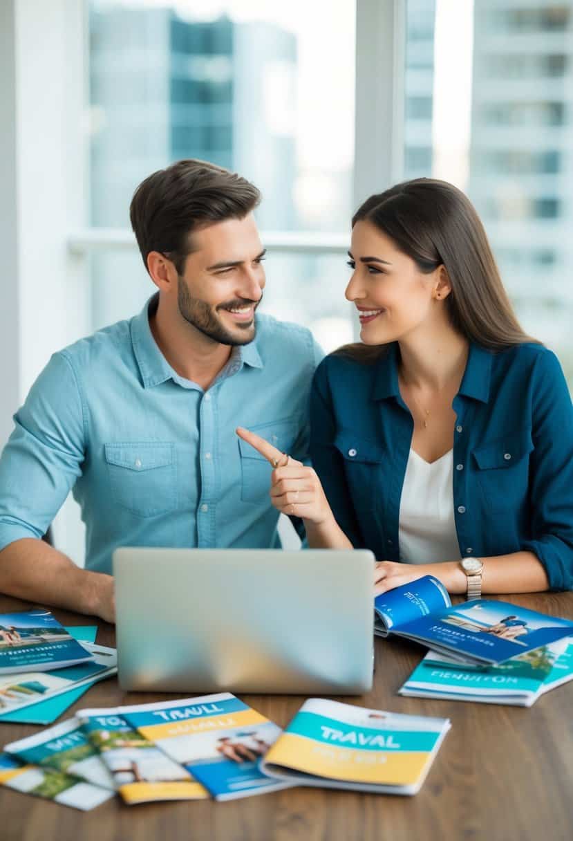 A couple sitting at a table, surrounded by travel brochures and a laptop, discussing honeymoon budgeting