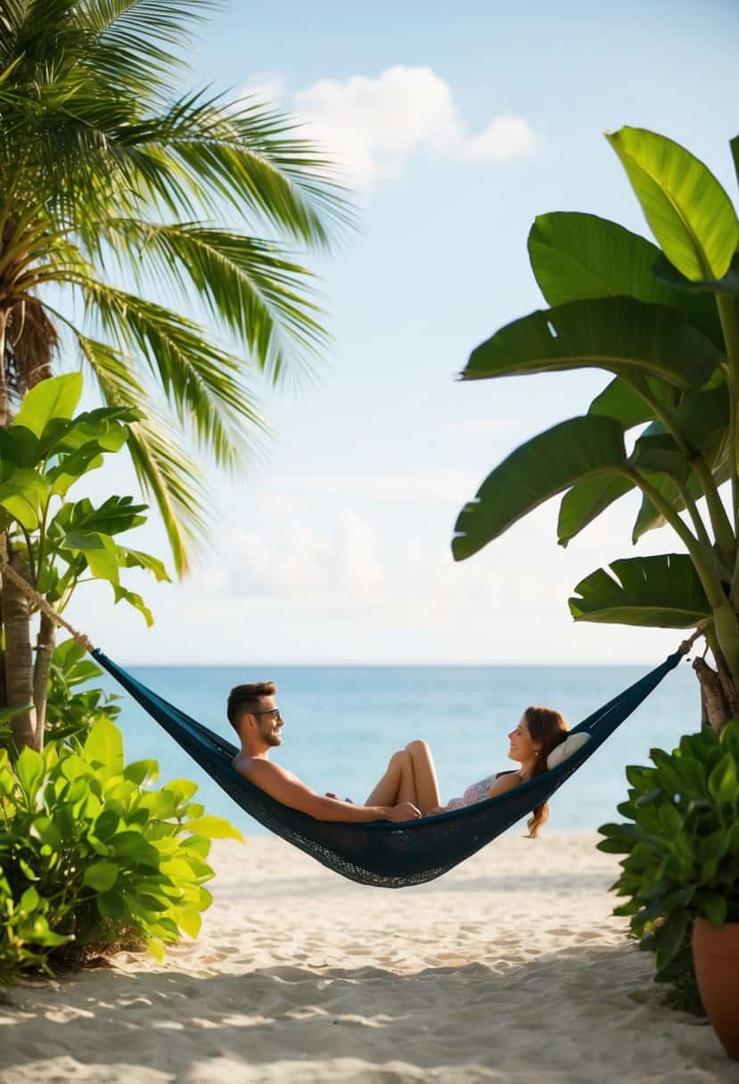 A couple lounging in a hammock, surrounded by lush tropical foliage and a serene beach setting