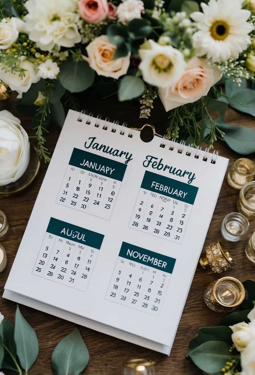 A calendar with highlighted months of January, February, and November, surrounded by budget-friendly wedding decor and flowers