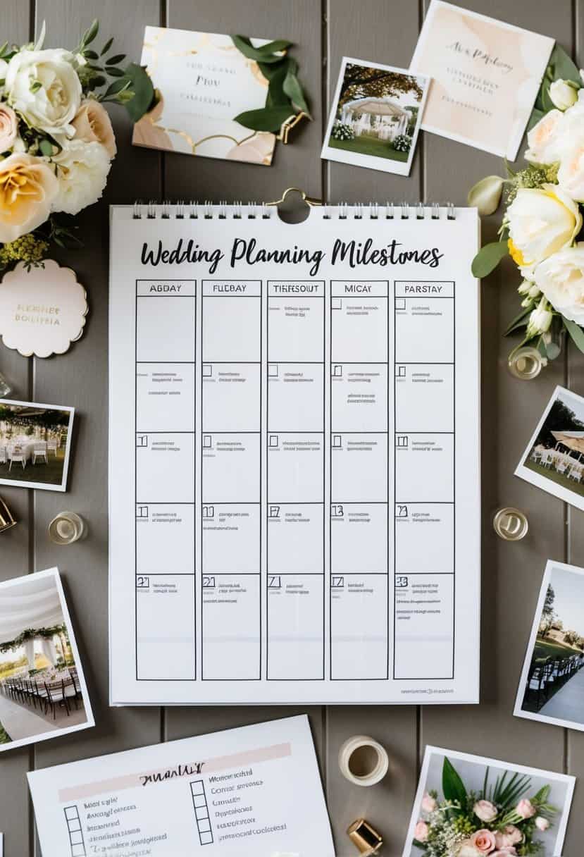 A calendar with wedding planning milestones marked, surrounded by floral and decor samples, venue photos, and a checklist of tasks to complete