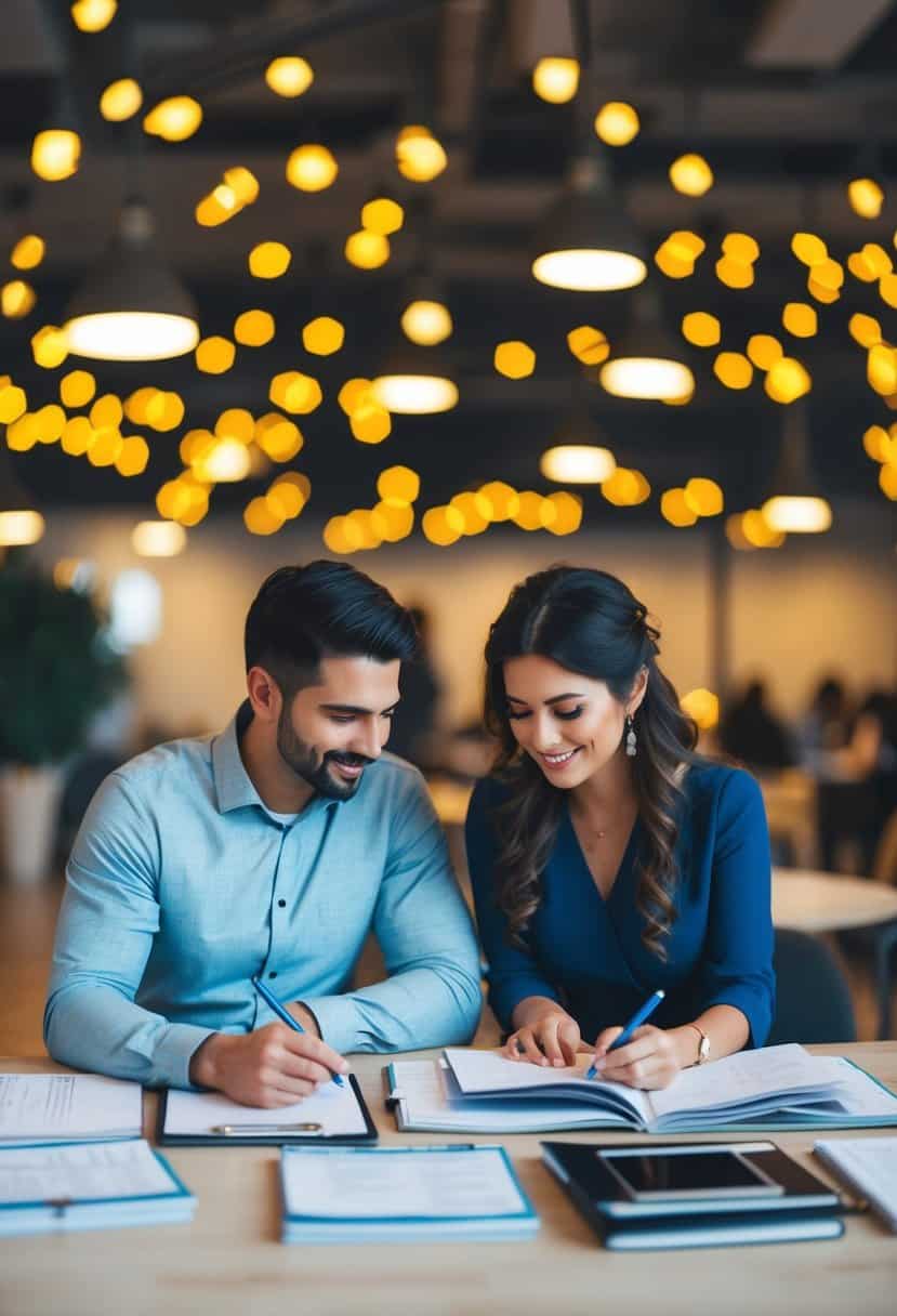 A couple sits at a table with spreadsheets and wedding magazines, calculating expenses and making notes