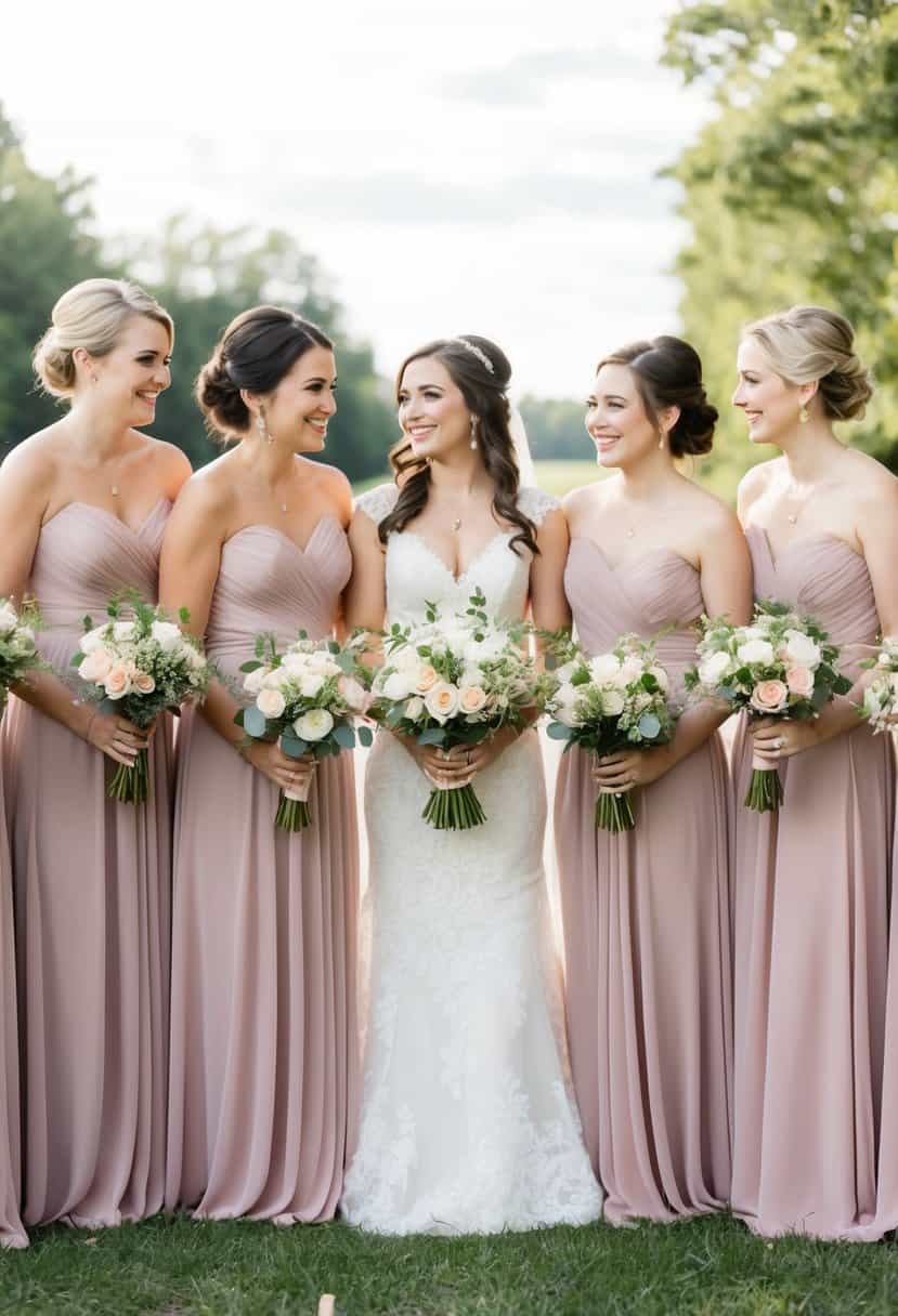 A group of bridesmaids standing together, holding bouquets and wearing matching dresses, while smiling and chatting with each other