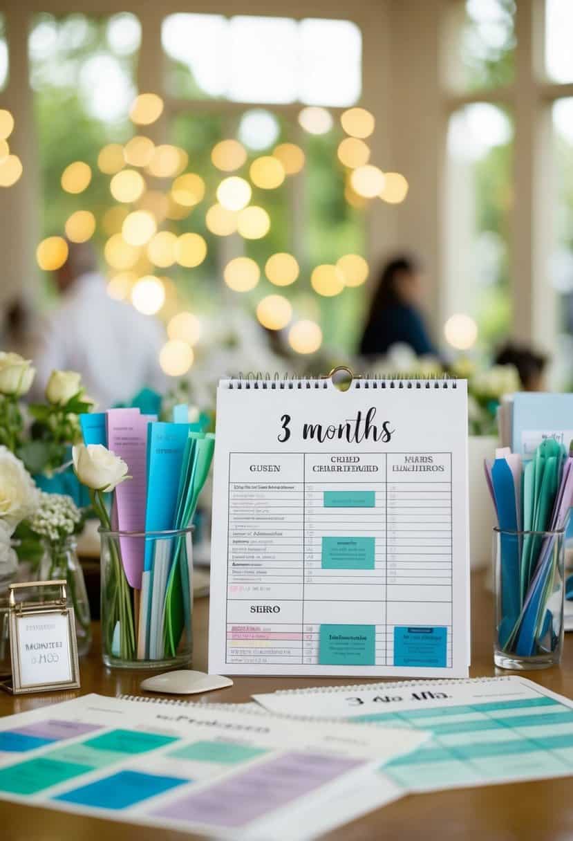 A bustling wedding planner's desk with color-coded guest lists, seating charts, and calendar marked "3 months."