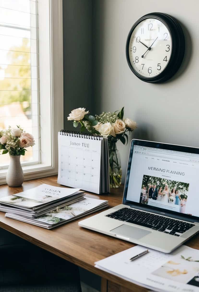 A cluttered desk with a calendar, wedding magazines, and a laptop open to a wedding planning website. A clock on the wall shows the time passing