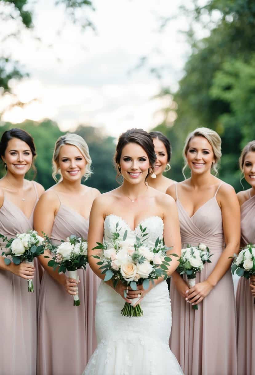 A bride holding a bouquet, surrounded by her chosen bridesmaids, all smiling and standing in a line