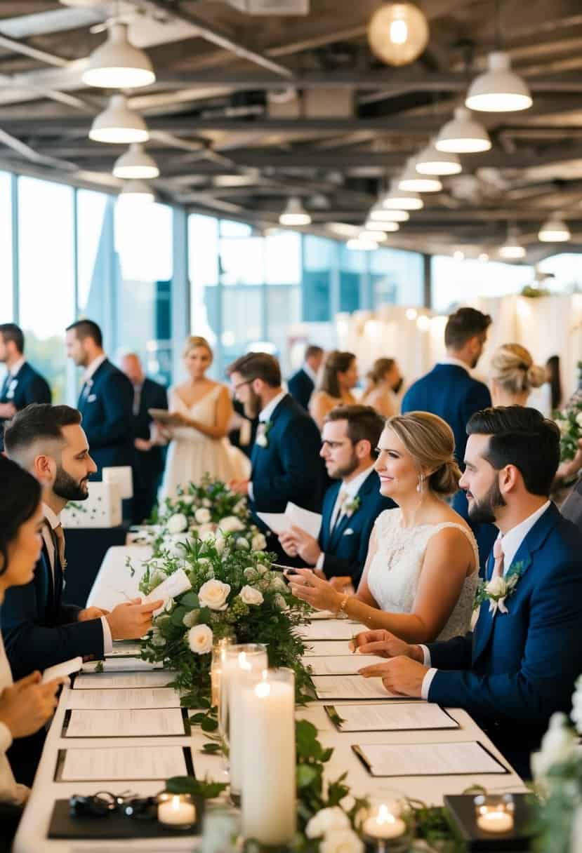 A bustling wedding vendor fair with couples and vendors discussing contracts and legalities