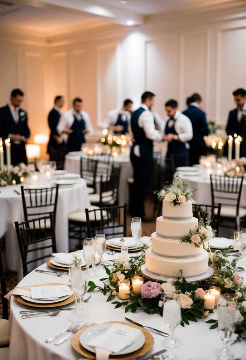 Tables set with elegant place settings, floral centerpieces, and flickering candles. A wedding cake adorned with delicate flowers, surrounded by bustling caterers and florists