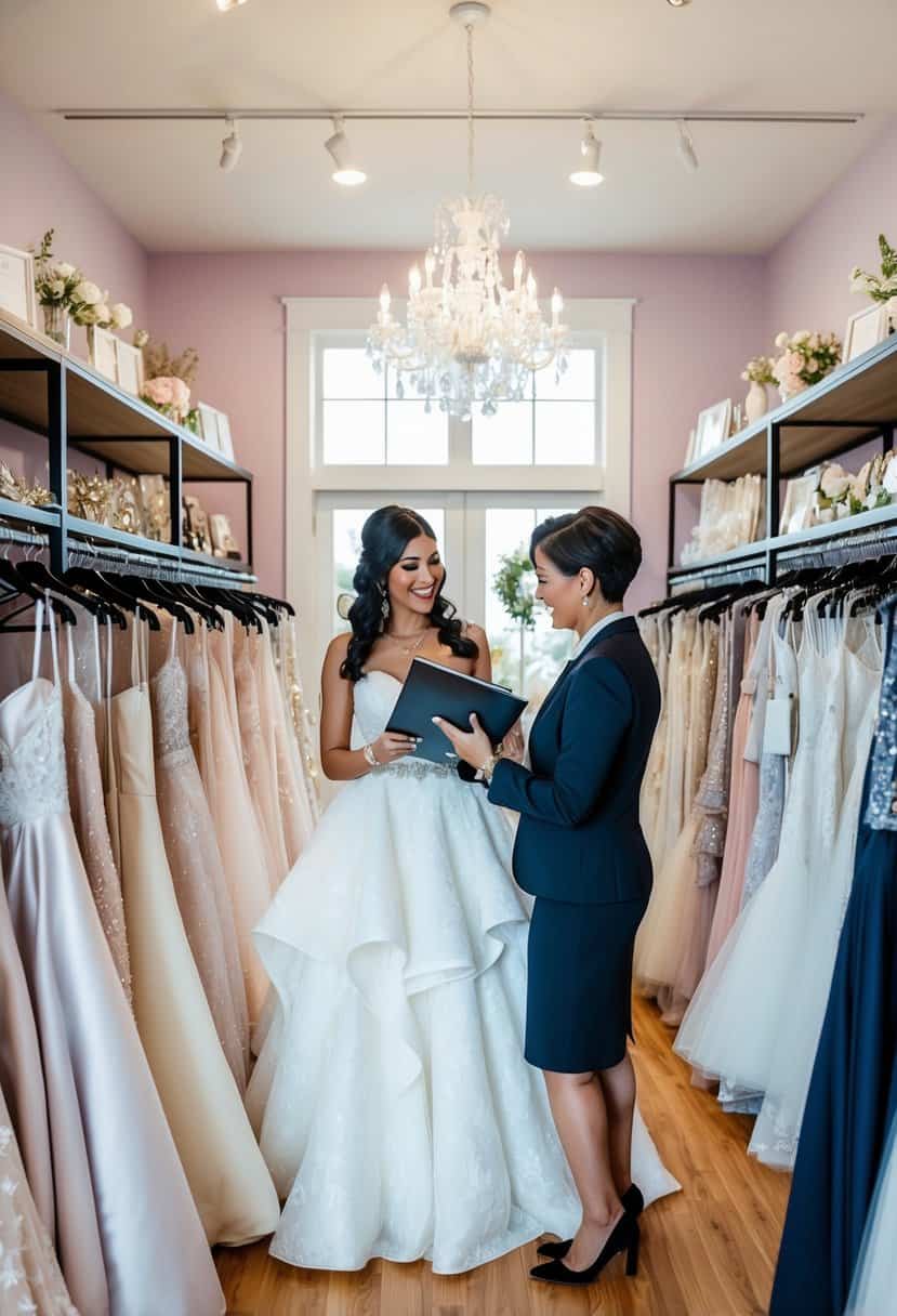 A bustling bridal boutique with racks of wedding gowns, shelves of accessories, and a consultant assisting a client with a wedding planning binder