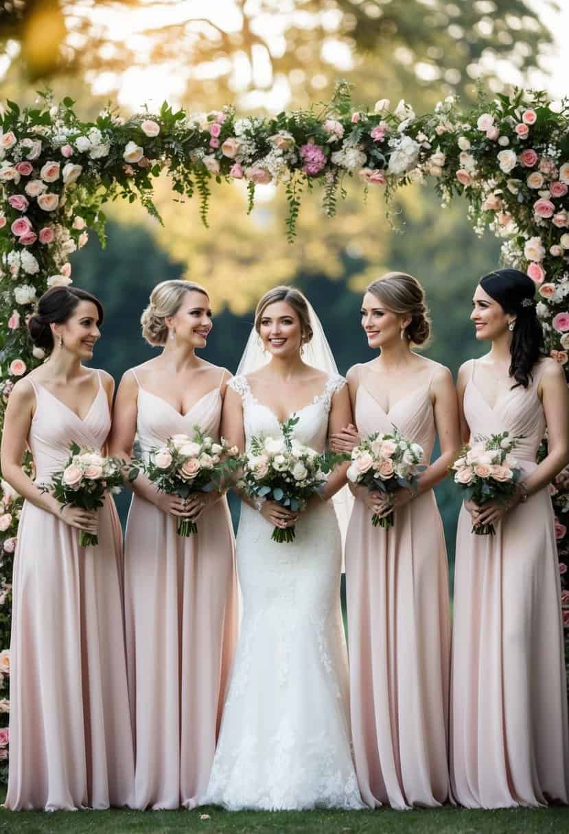 Five bridesmaids in elegant dresses stand in a line, holding bouquets, with the bride in the center. They are surrounded by flowers and decorations