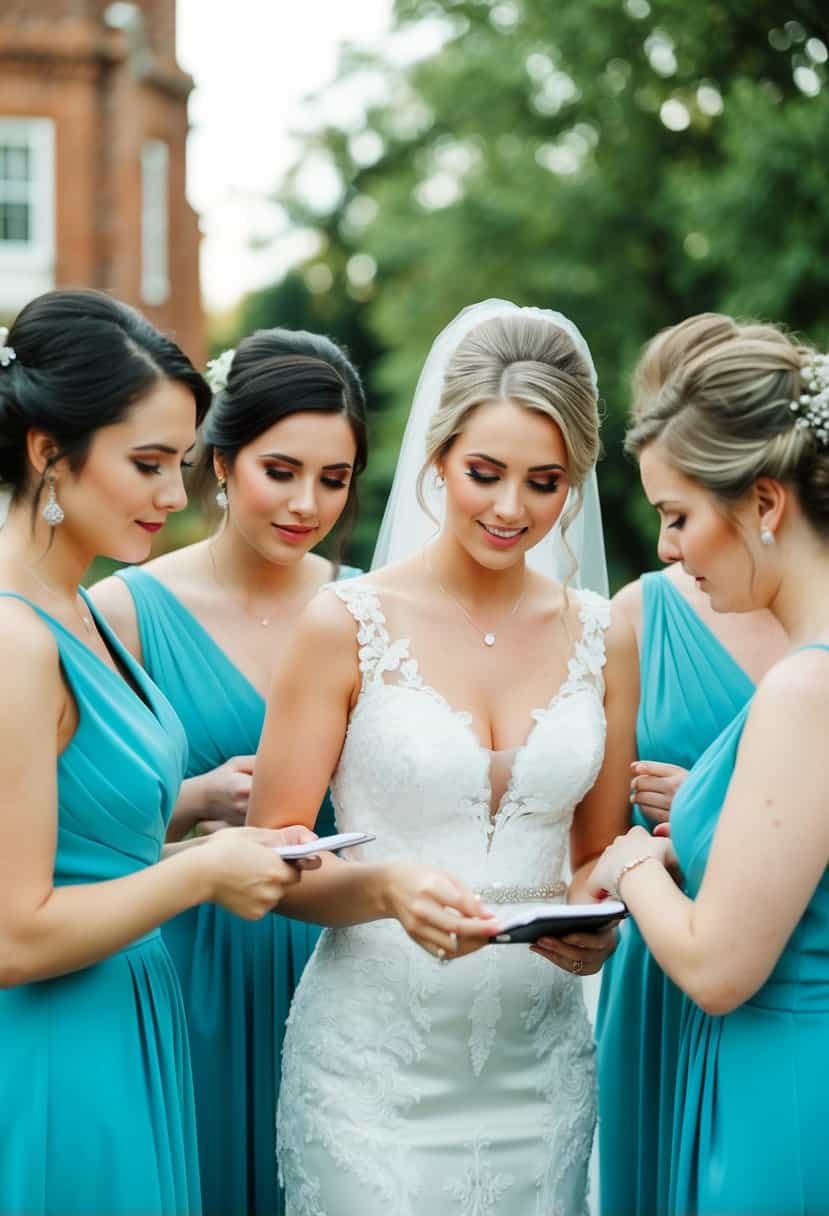 A bride and her bridesmaids discuss wedding expenses and budgeting