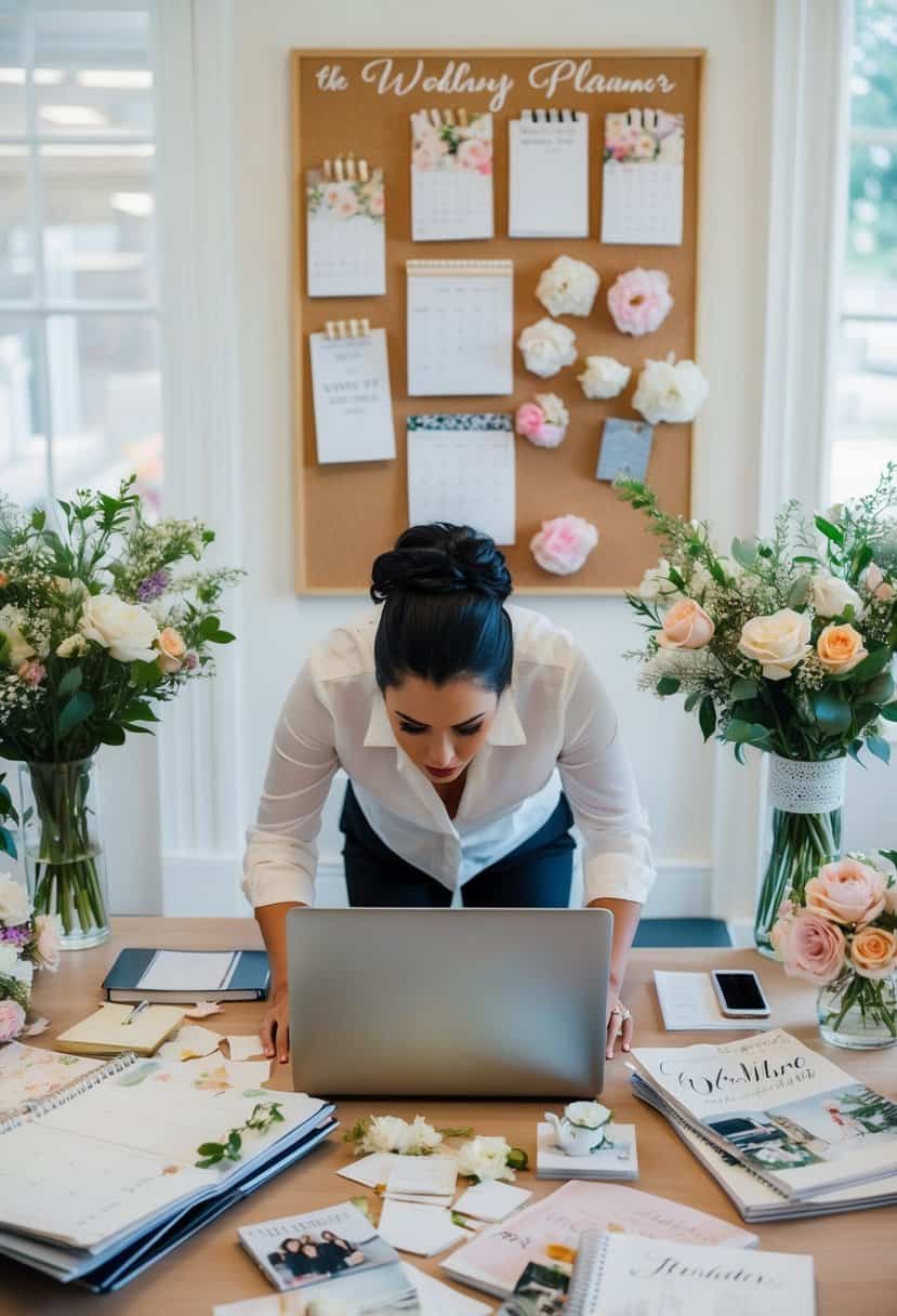 A bustling wedding planner's office with calendars, fabric swatches, and floral arrangements scattered across the desk. A stressed but determined figure hunched over a laptop, surrounded by wedding magazines and a corkboard filled with inspiration