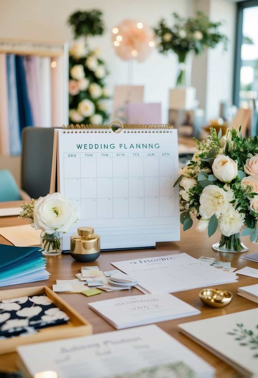 A bustling wedding planning office with a calendar set to three months ahead, surrounded by fabric swatches, floral arrangements, and invitation samples