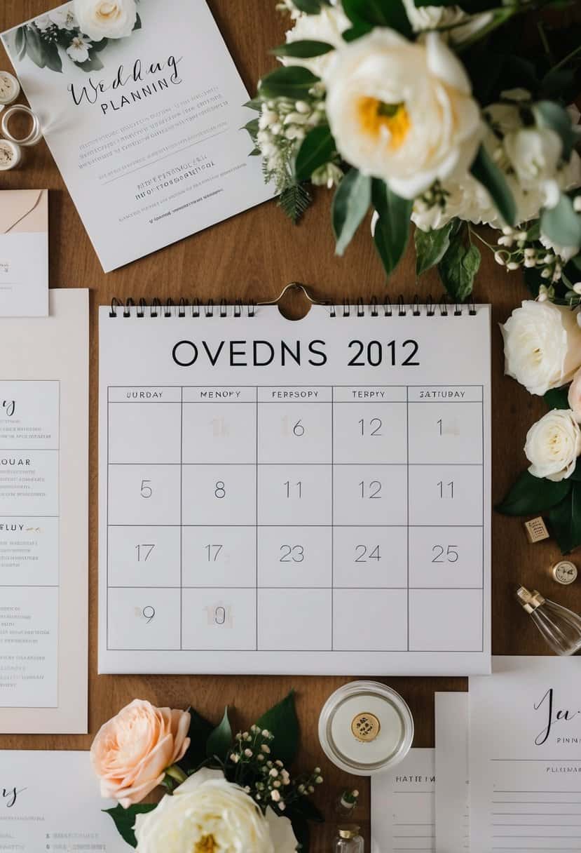 A calendar with 10 months marked, surrounded by wedding planning materials like flowers, invitations, and a venue layout