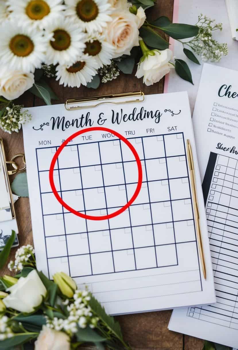 A calendar with the month of the wedding circled in red, surrounded by wedding magazines, flowers, and a checklist