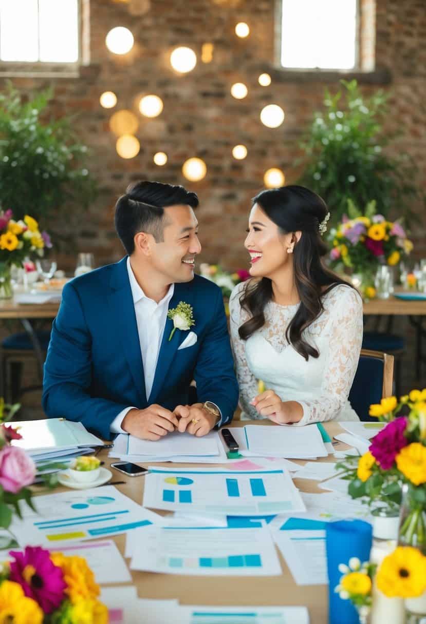 A couple sits at a table covered in wedding planning materials, surrounded by colorful flowers and decorations. They are excitedly discussing their future together