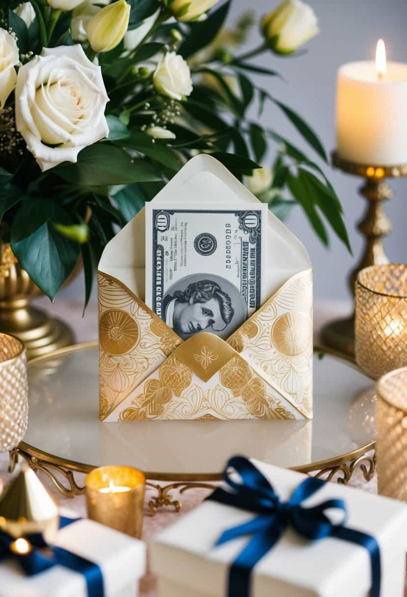 A decorative envelope with a monetary gift inside, surrounded by elegant wedding decor and a gift table