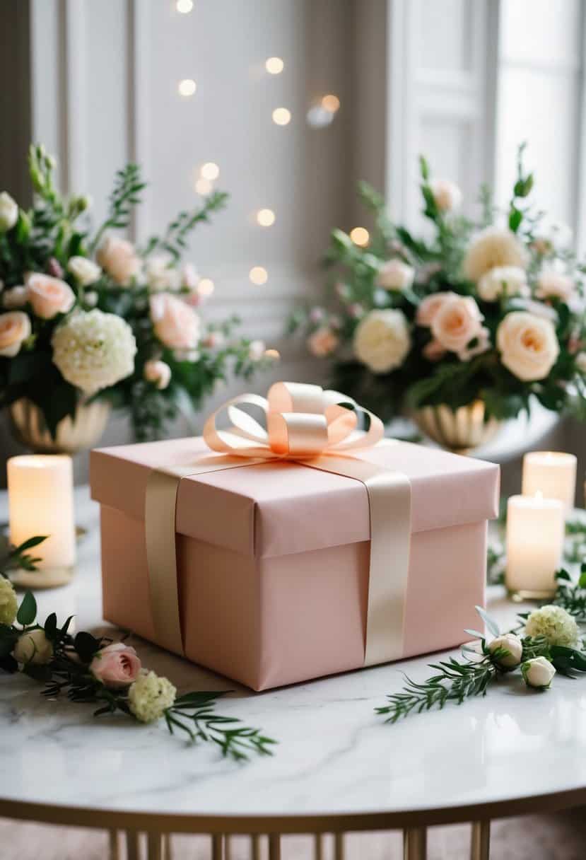 A beautifully wrapped gift box with a ribbon and bow sits on a table, surrounded by elegant floral arrangements and soft lighting