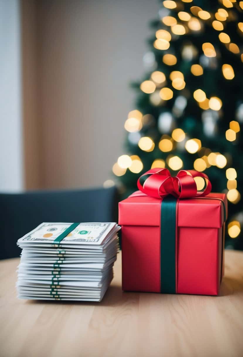 A beautifully wrapped gift box with a ribbon and a stack of cash envelopes on a table