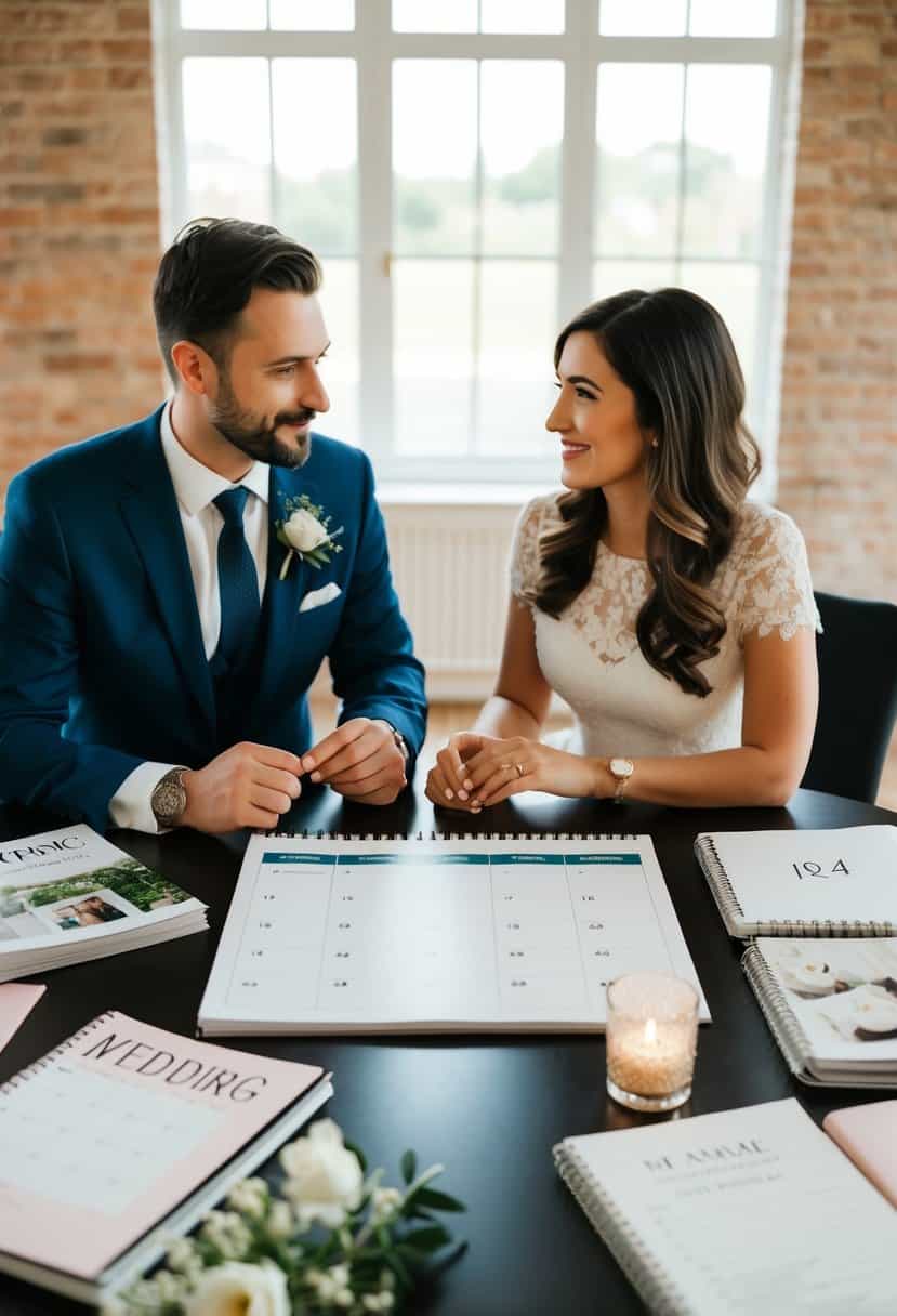 A couple sits at a table with a calendar, discussing wedding dates and venues. They are surrounded by wedding magazines and planning notebooks