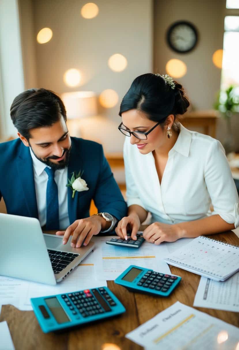 A couple sitting at a table with a laptop, surrounded by papers and calculators, discussing wedding expenses and looking at a calendar