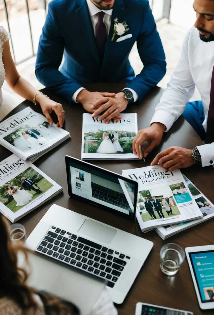 A couple sits at a table, surrounded by wedding magazines and a laptop. They are discussing and researching potential wedding vendors and team members