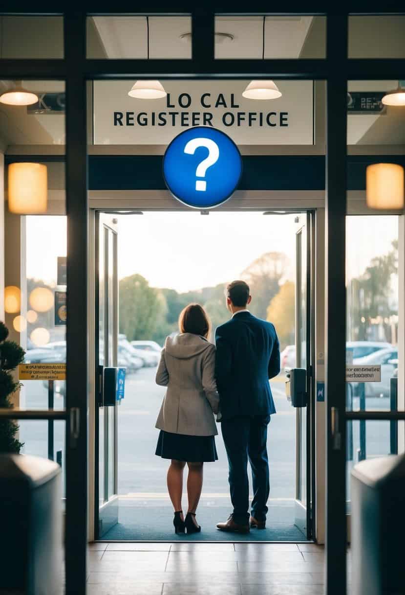 A couple standing at the entrance of a local register office, looking at a sign with a question mark