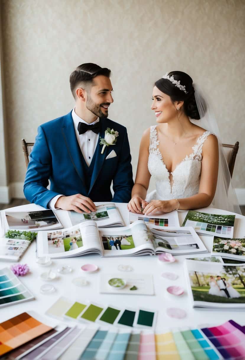 A bride and groom sit at a table covered in wedding magazines and color swatches, discussing their wedding aesthetic