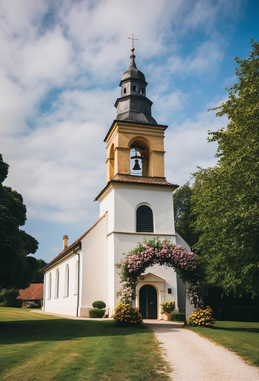 A picturesque countryside church with a traditional bell tower and a flower-adorned archway leading to the entrance