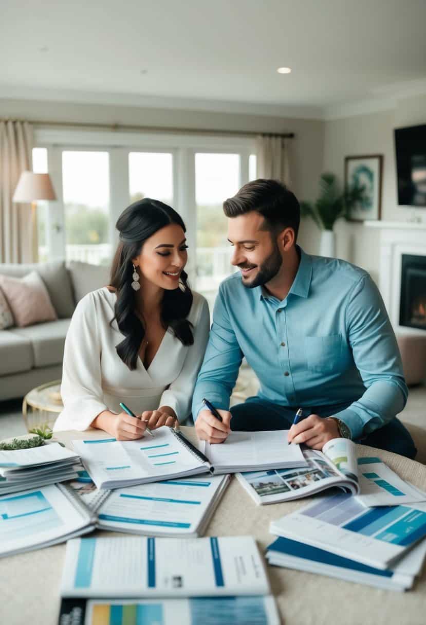 A couple sits at a table covered in wedding magazines and spreadsheets, discussing details and making notes in a cozy living room with soft lighting