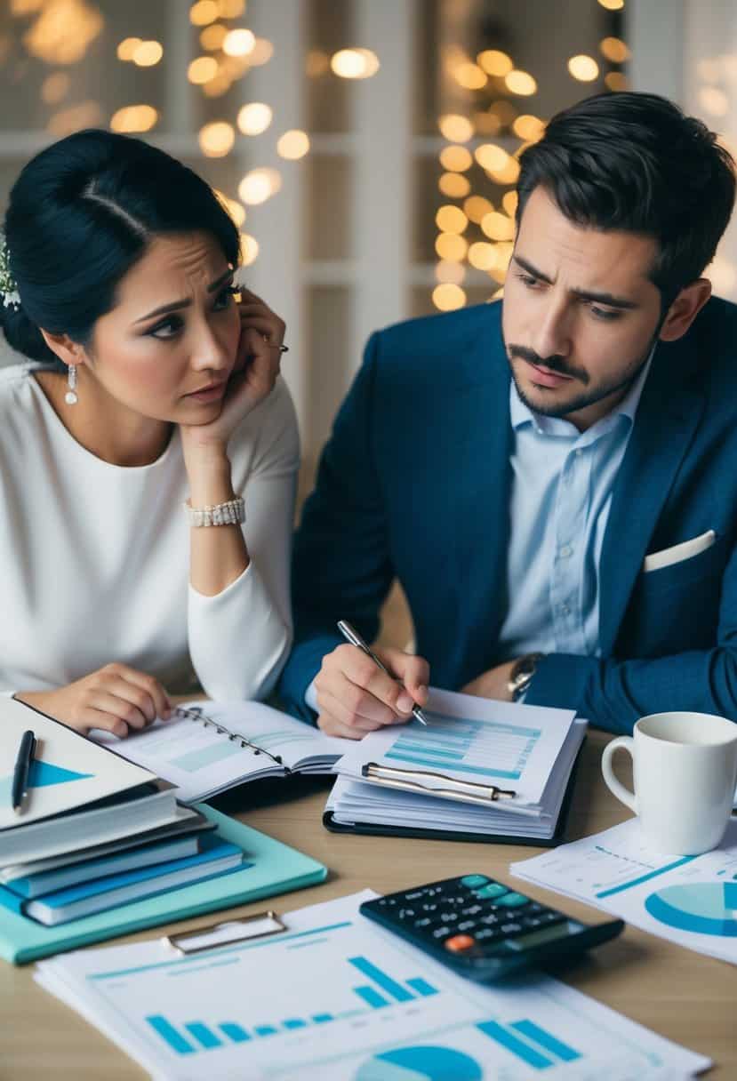 A couple sitting at a table, surrounded by wedding planning books, budget spreadsheets, and a calculator. They are deep in discussion, with worried expressions on their faces