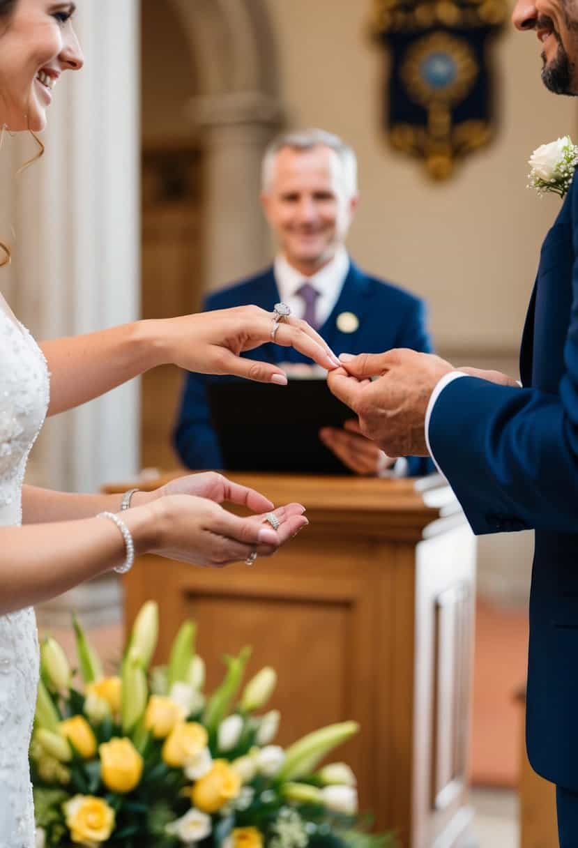 A couple exchanging wedding rings in front of a registrar at a town hall