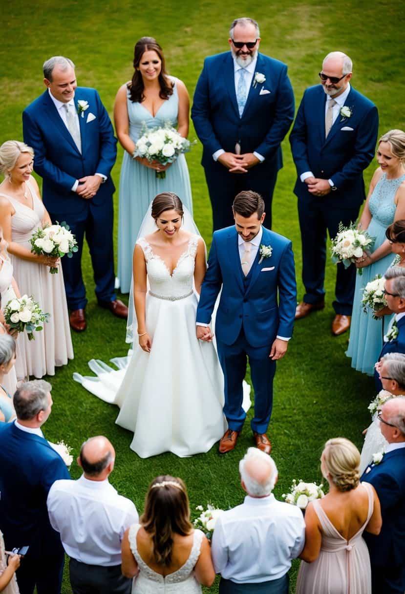 A bride and groom standing at the center of a circle, surrounded by family and friends, each playing a specific role in the wedding ceremony