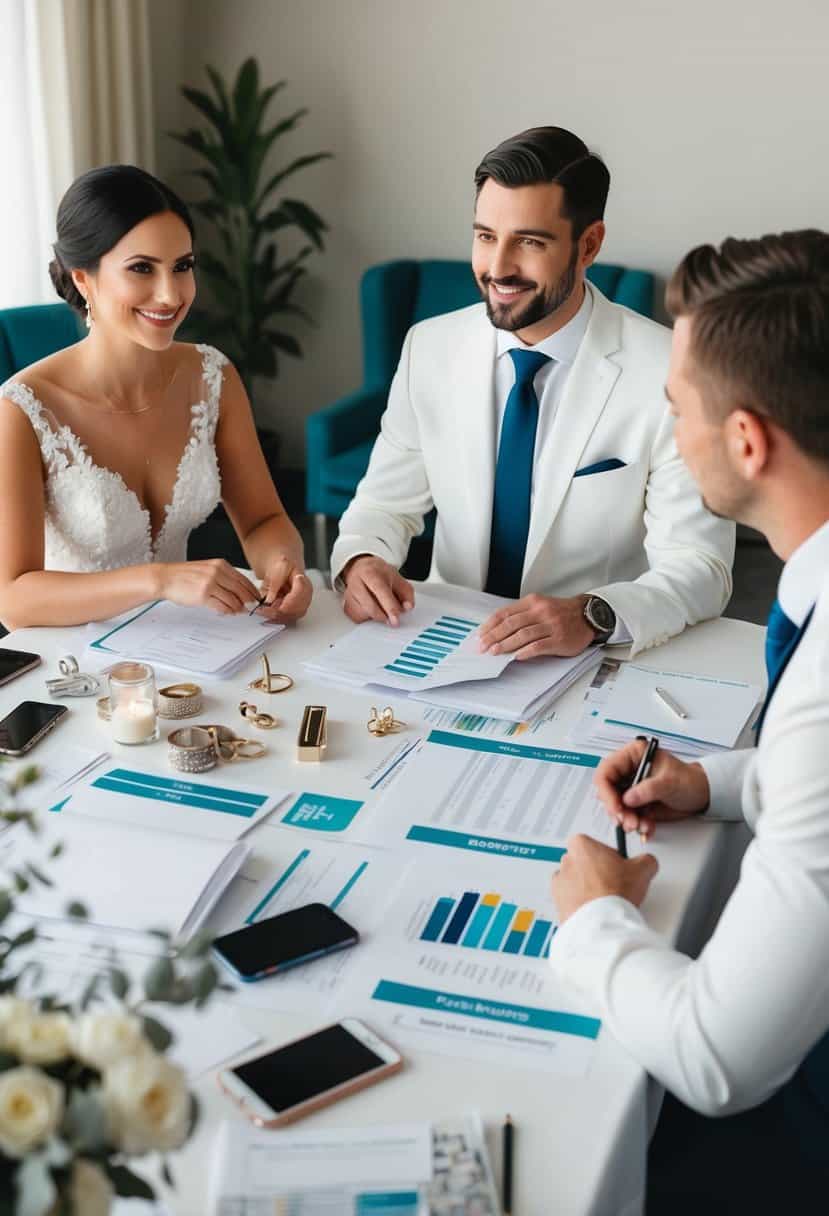 A bride and groom sit at a table covered in wedding planning materials, discussing details and making decisions together