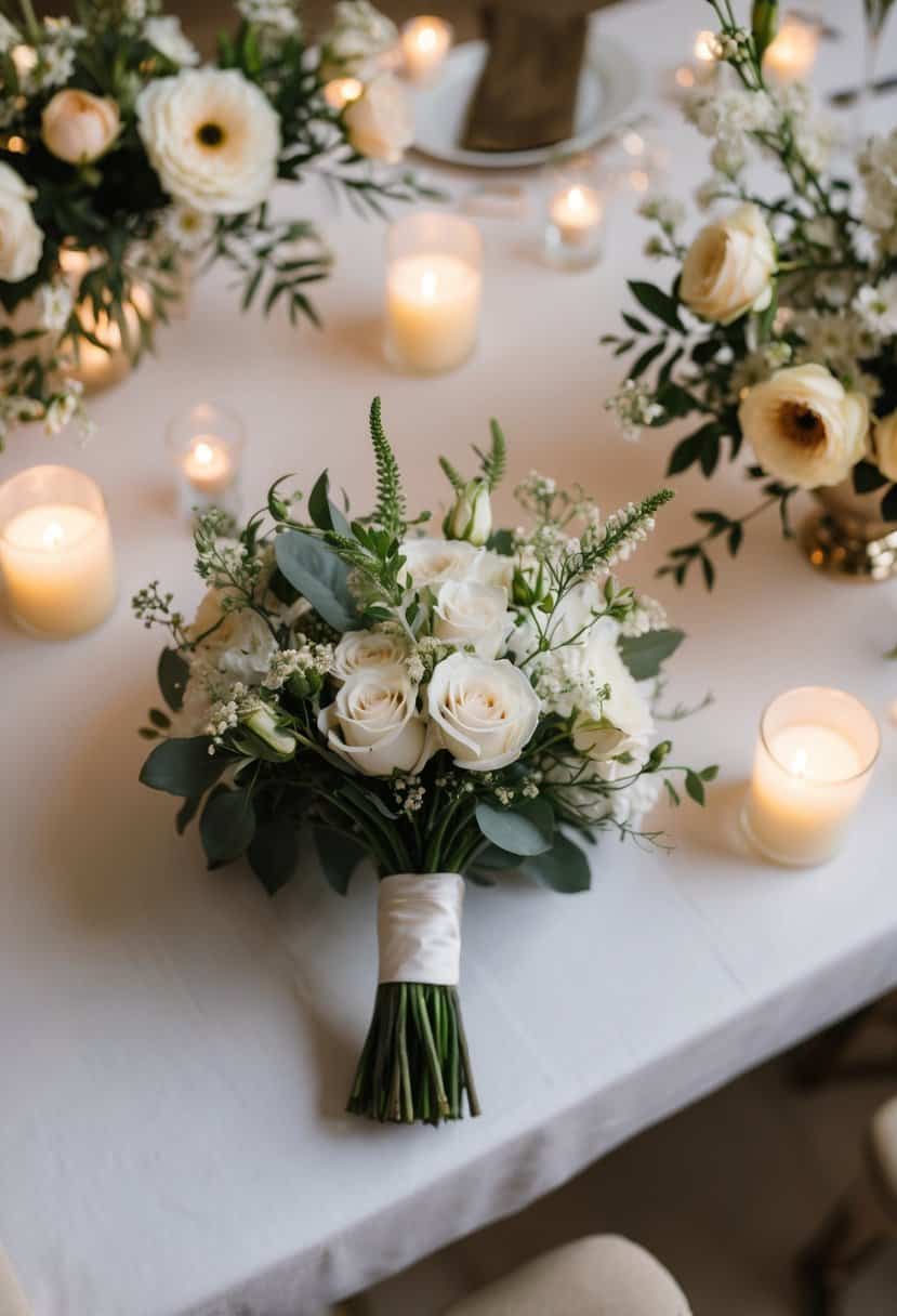 A bride's bouquet sits on a table, surrounded by soft candlelight and delicate floral arrangements, creating a perfect atmosphere for a wedding