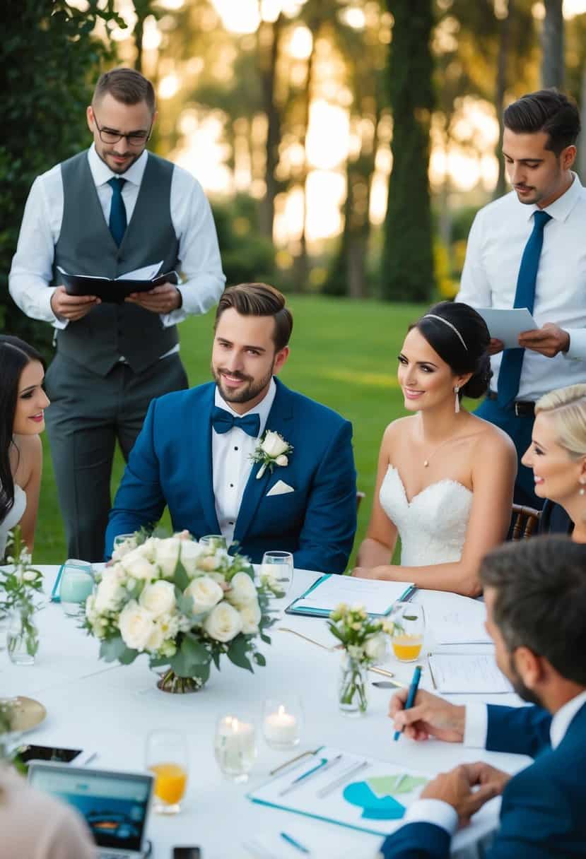 A bride and groom sit at a table surrounded by wedding planners and vendors, discussing budgeting and logistics for their big day