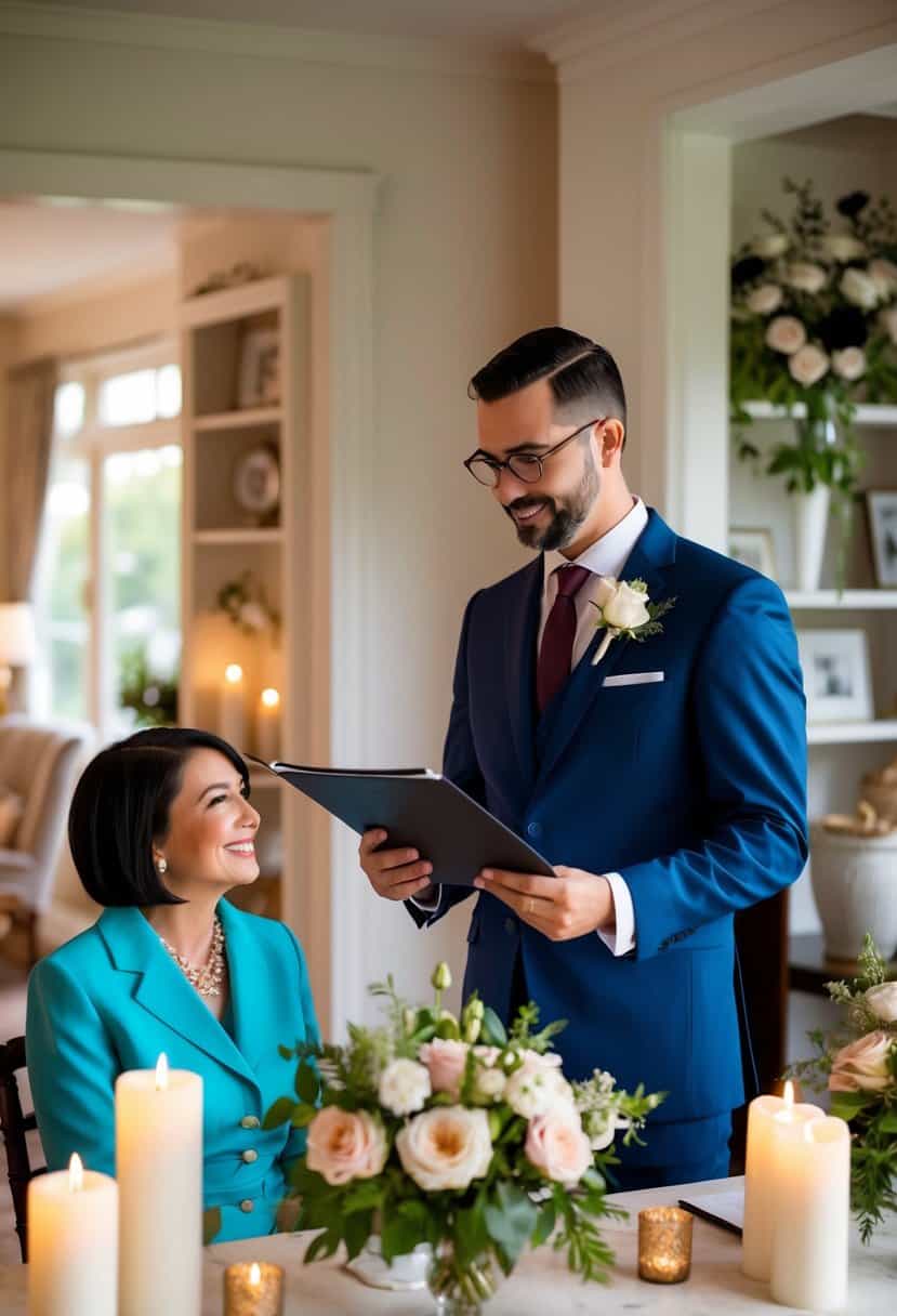 A registrar officiates a wedding at a cozy home setting, surrounded by flowers and candles