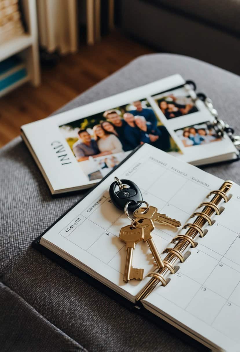 A cozy living room with two sets of keys on a shared keychain, a calendar with important dates circled, and a photo album filled with memories