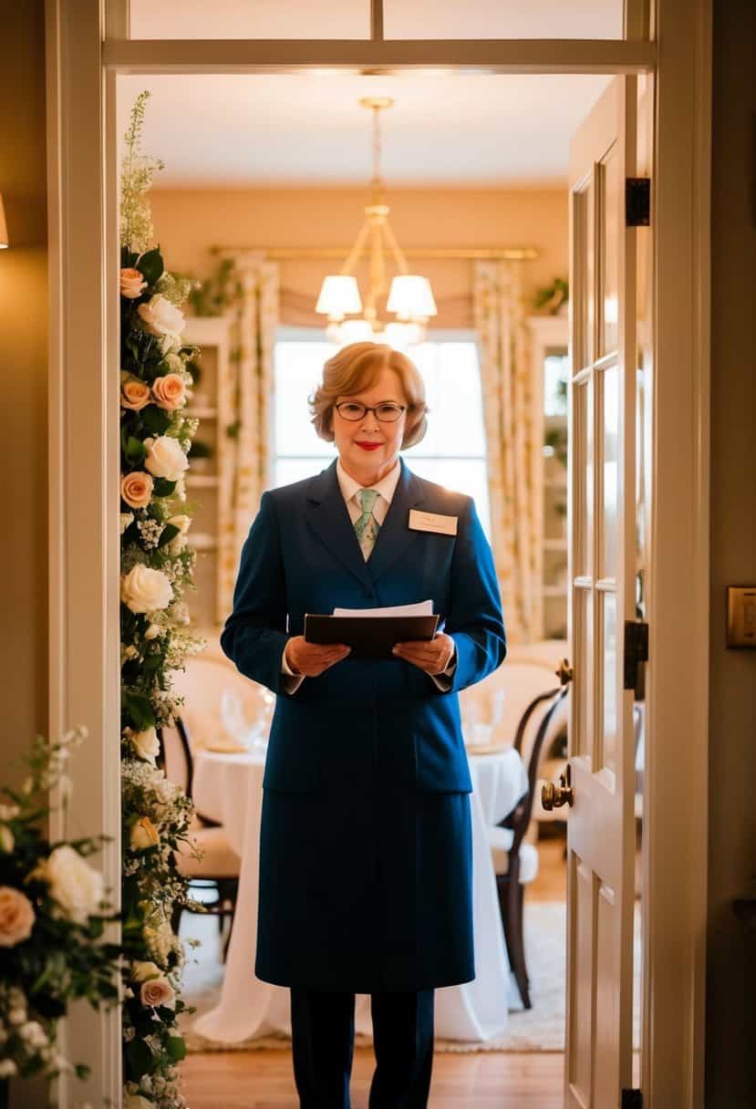 A registrar stands at the doorway of a cozy home, ready to officiate a wedding ceremony. The room is filled with warm light and adorned with flowers and elegant decor