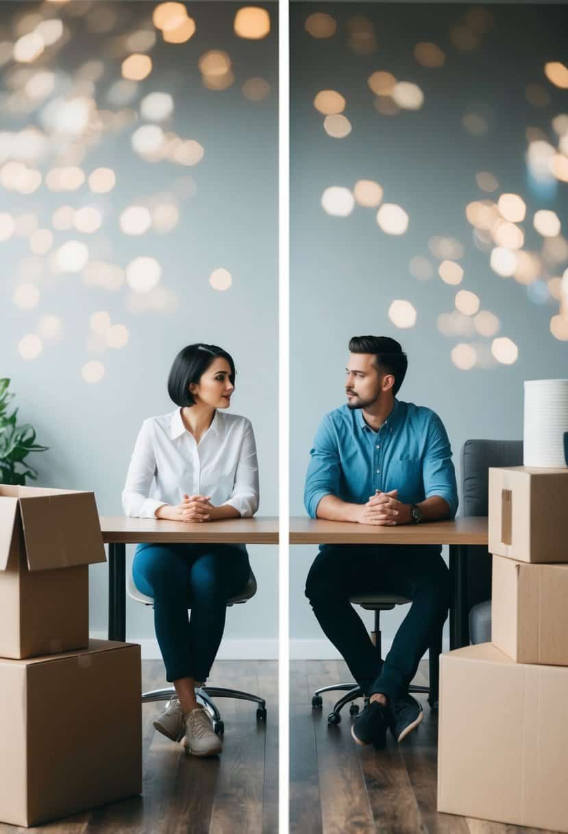 A couple sitting on opposite sides of a table, each with a look of contemplation, surrounded by moving boxes and household items